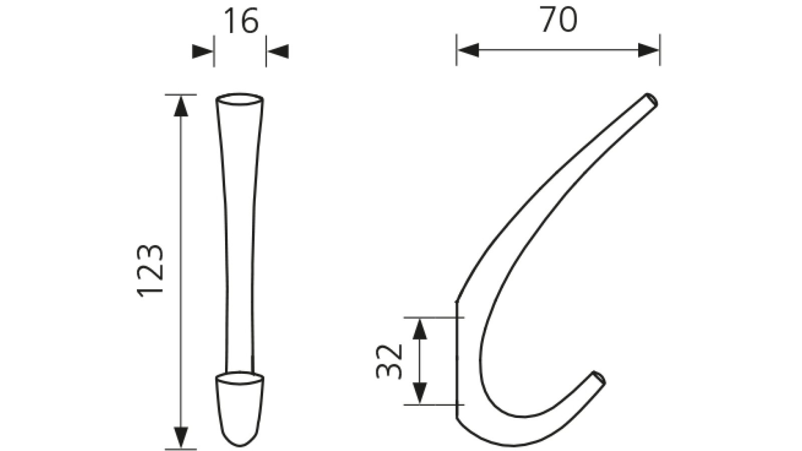 Hut- u. Mantelhaken Langenhagen Zamak vernickelt matt - 70 mm lang  vor weißem Hintergrund