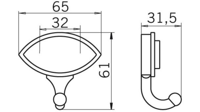 Haken Baseweiler Zinkdruckguß - altsilberfarbig - 61 mm lang  vor weißem Hintergrund