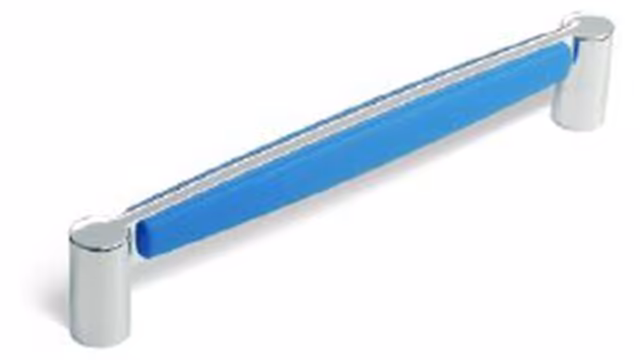 Griff Ahaus Zinkdruckguß - chrom glänzend, Kunststoff Gummieffekt - brilliantblau - 175 mm lang vor weißem Hintergrund