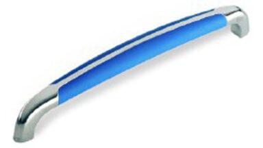 Griff Eisenhüttenstadt Zinkdruckguß - chrom glänzend, Kunststoff Gummieffekt - brilliantblau - 168 mm lang vor weißem Hintergrund