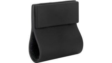 Griff Mülheim-Kärlich Druckguss schwarz Leder - 50 mm lang vor weißem Hintergrund