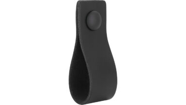 Knopf Maxhütte-Haidhof Druckguss schwarz Leder - 74 mm lang  vor weißem Hintergrund