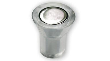 Knopf Versmold Zinkdruckguß - chrom glänzend, Kunststoff Glaseffekt - glasklar - 22 mm lang vor weißem Hintergrund