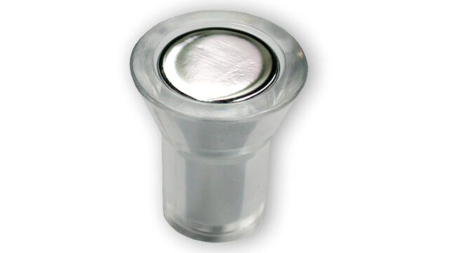 Knopf Versmold Zinkdruckguß - chrom glänzend, Kunststoff Glaseffekt - glasklar - 22 mm lang  vor weißem Hintergrund