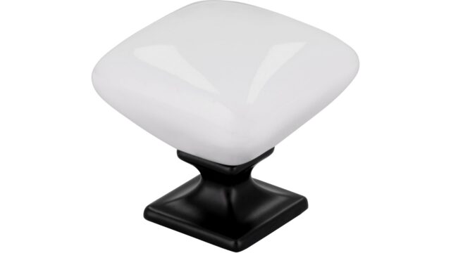 Knopf  Druckguss Porzellan weiß schwarz matt pulverbeschichtet - 34 mm lang  vor weißem Hintergrund