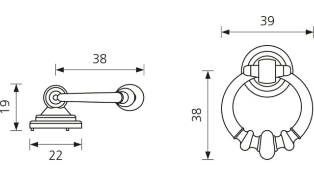 Ringgriff Trier Zamak zinn antik - 47 mm lang  vor weißem Hintergrund