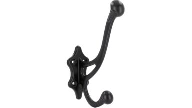 Haken Meßstetten Druckguss schwarz matt pulverbeschichtet - 147 mm lang vor weißem Hintergrund
