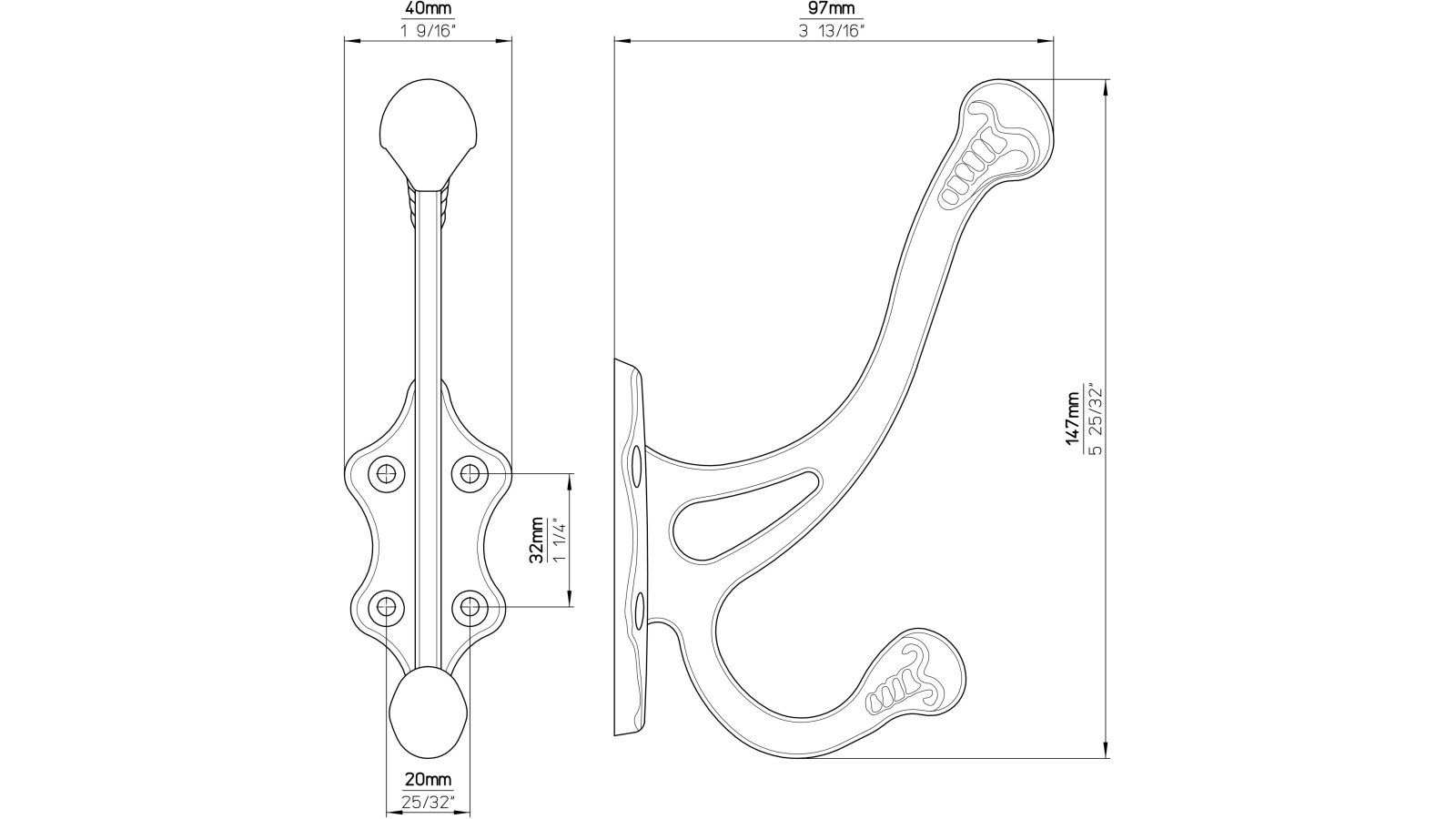 Haken Meßstetten Druckguss schwarz matt pulverbeschichtet - 147 mm lang  vor weißem Hintergrund