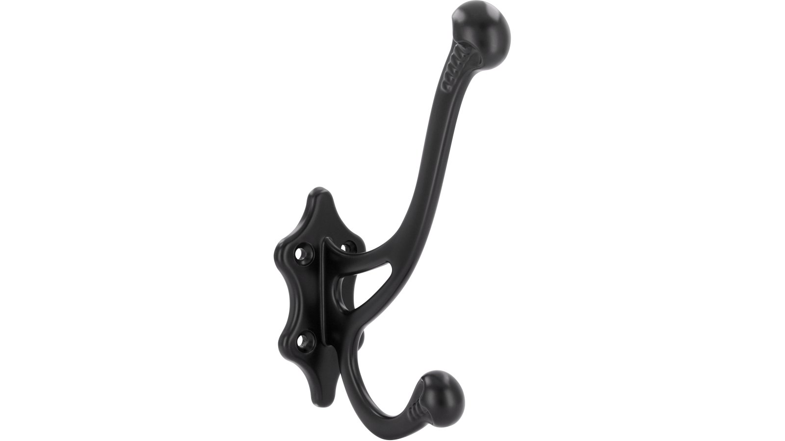 Haken Meßstetten Druckguss schwarz matt pulverbeschichtet - 147 mm lang  vor weißem Hintergrund