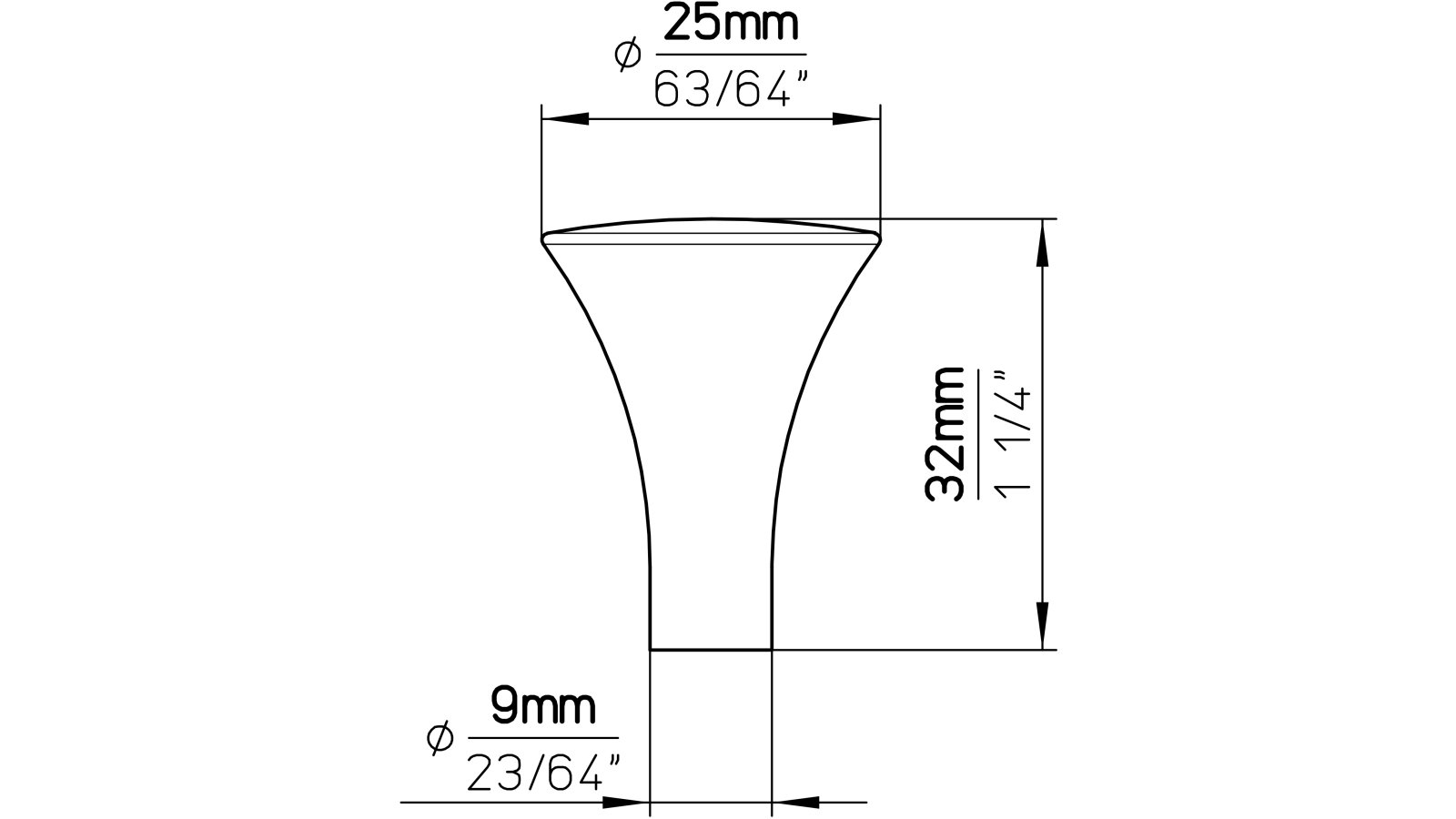 Knopf Büdelsdorf Druckguss schwarz matt pulverbeschichtet - 25 mm lang  vor weißem Hintergrund