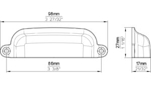 Muschelgriff-Weinboehla-schwarz-Zinkdruckguss-laenge-97-918120-technische-zeichnung Muschel Weinböhla Druckguss schwarz matt pulverbeschichtet - 97 mm lang vor weißem Hintergrund
