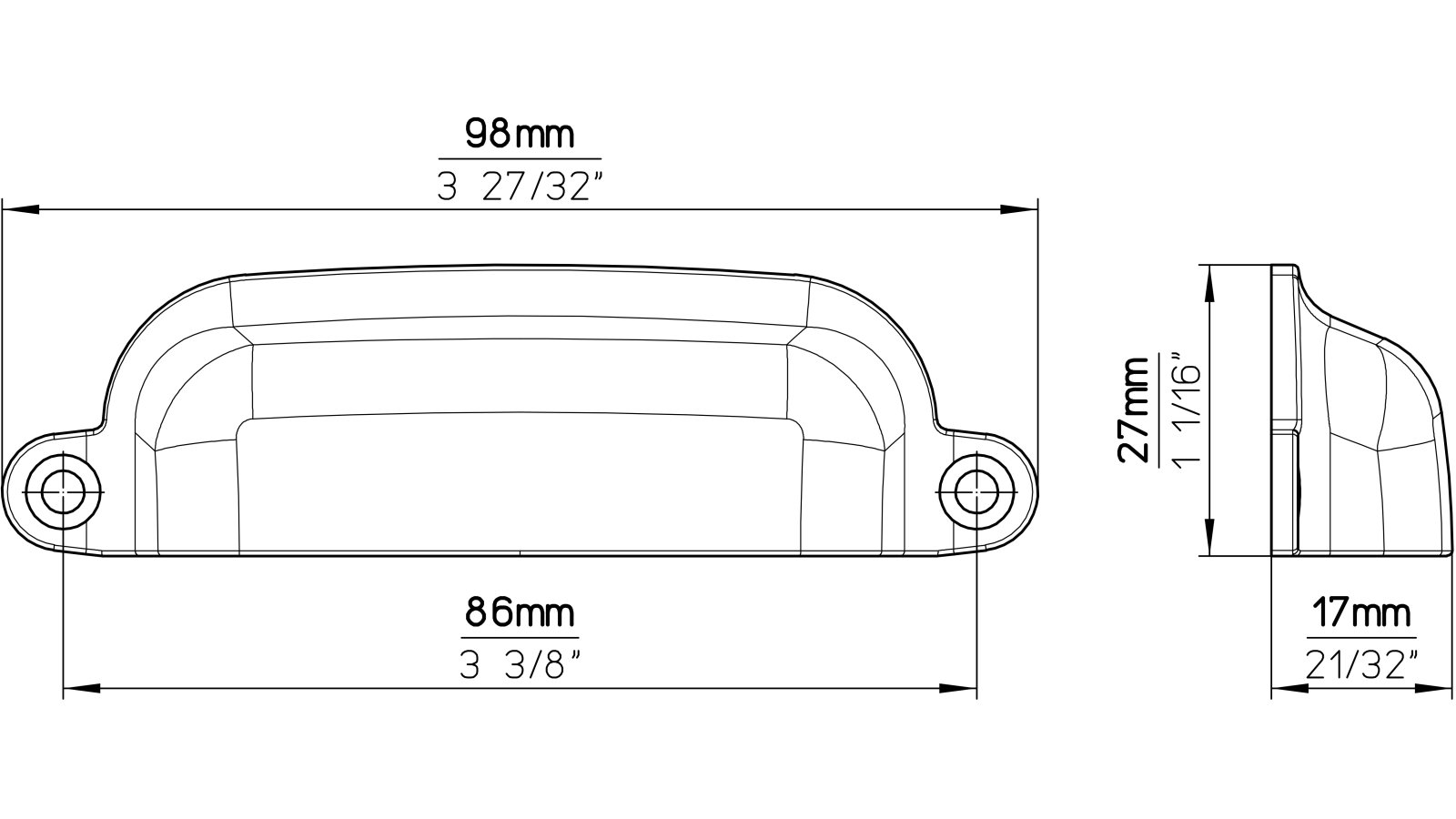 Muschelgriff-Weinboehla-schwarz-Zinkdruckguss-laenge-97-918120-technische-zeichnung Muschel Weinböhla Druckguss schwarz matt pulverbeschichtet - 97 mm lang vor weißem Hintergrund