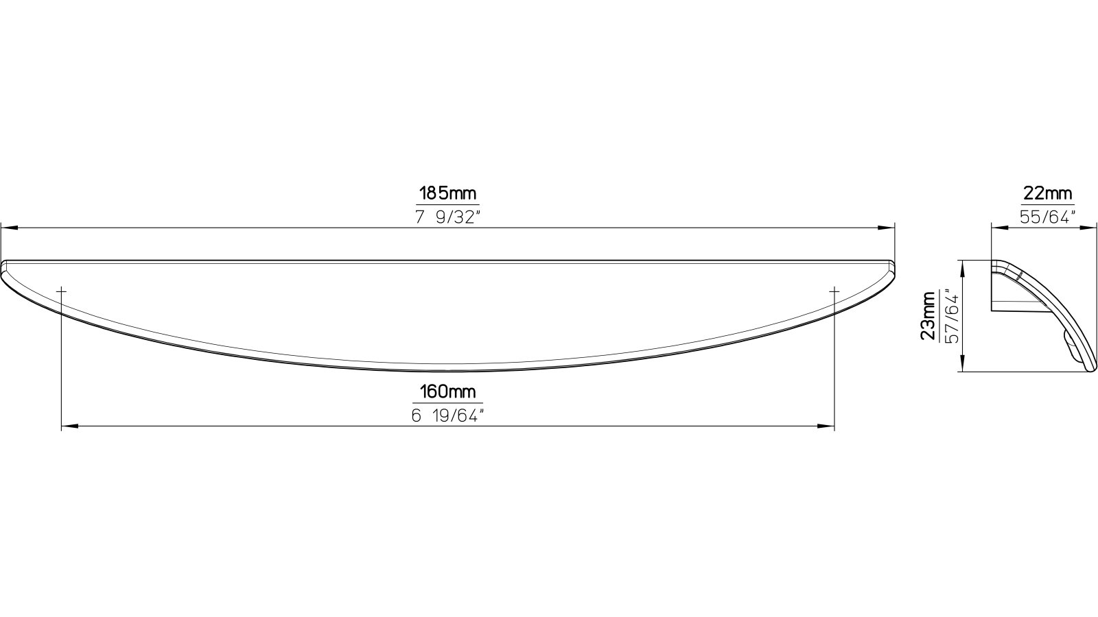 Griffleiste-Heiligenhafen-anthrazit-Zinkdruckguss-laenge-185-932198-technische-zeichnung Griffleiste Heiligenhafen Druckguss anthrazit matt - 185 mm lang vor weißem Hintergrund