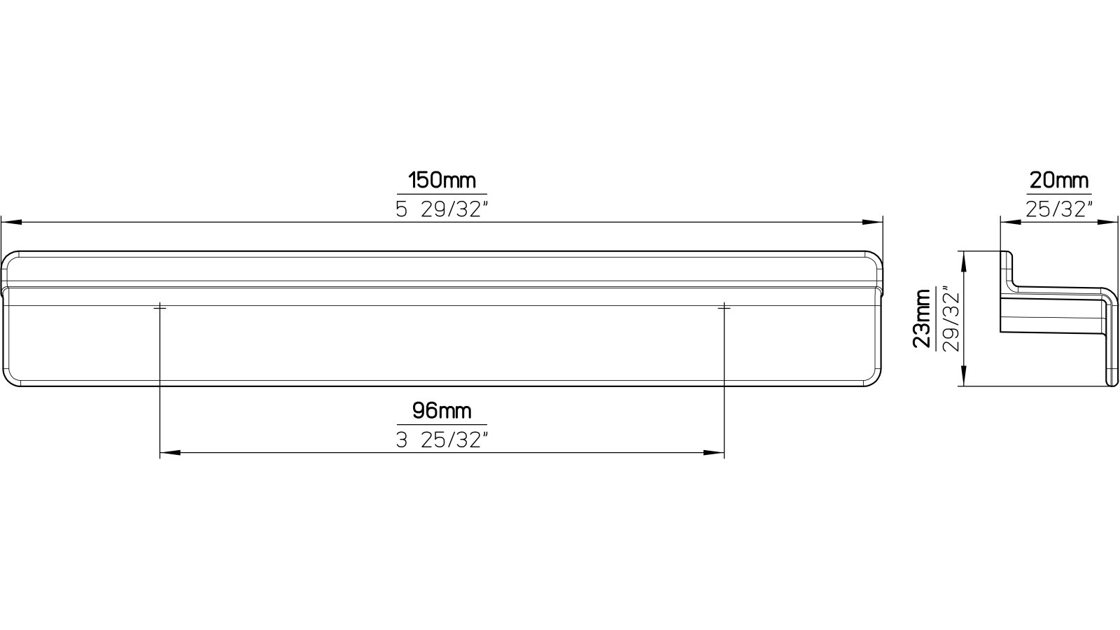 Griffleiste-Niebuell-schwarz-Zinkdruckguss-laenge-150-918536-technische-zeichnung Griffleiste Niebüll Druckguss schwarz matt pulverbeschichtet - 150 mm lang vor weißem Hintergrund