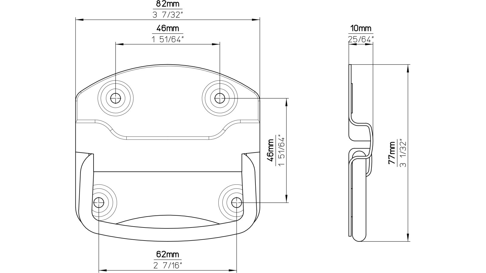 Haengegriff-Osternienburger-Land-schwarz-Stahl-laenge-82-932334-technische-zeichnung Klöppel Osternienburger Land Stahl schwarz matt pulverbeschichtet - 82 mm lang vor weißem Hintergrund