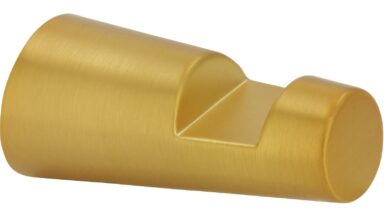 Haken Roßtal Druckguss gold matt gebürstet - 24 mm lang vor weißem Hintergrund