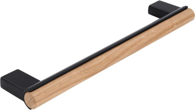 Griff Großräschen Holz - Druckguss schwarz matt pulverbeschichtet eiche natur lackiert - 188 mm lang  vor weißem Hintergrund