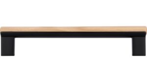 Moebelgriff-Grossraeschen-schwarz-eiche-Holz-Zinkdruckguss-laenge-188-928340-stehend Griff Großräschen Holz - Druckguss schwarz matt pulverbeschichtet eiche natur lackiert - 188 mm lang vor weißem Hintergrund