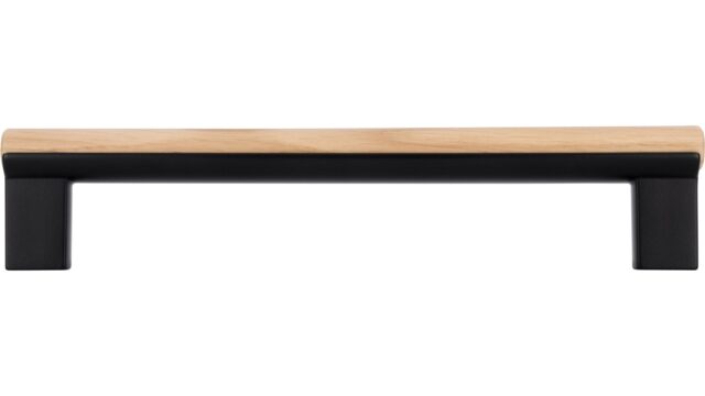 Griff Großräschen Holz - Druckguss schwarz matt pulverbeschichtet eiche natur lackiert - 188 mm lang  vor weißem Hintergrund