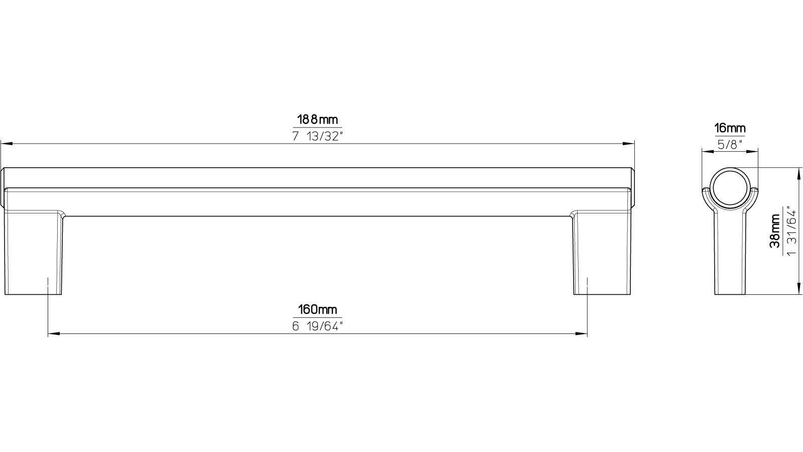 Moebelgriff-Grossraeschen-schwarz-eiche-Holz-Zinkdruckguss-laenge-188-928340-technische-zeichnung Griff Großräschen Holz - Druckguss schwarz matt pulverbeschichtet eiche natur lackiert - 188 mm lang vor weißem Hintergrund