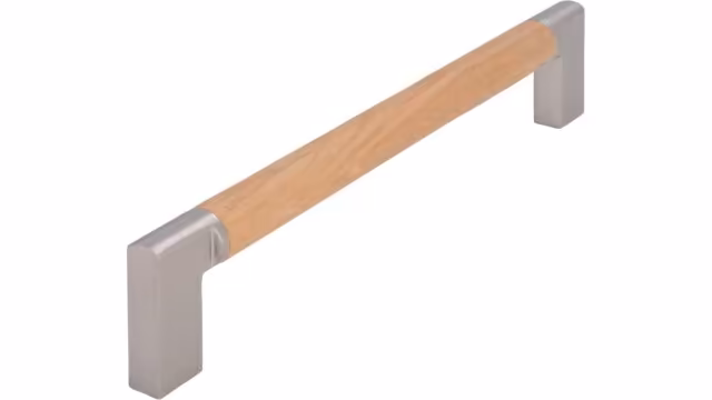 Griff Nieder-Olm Druckguss - Holz eiche natur lackiert edelstahleffekt - 174 mm lang vor weißem Hintergrund