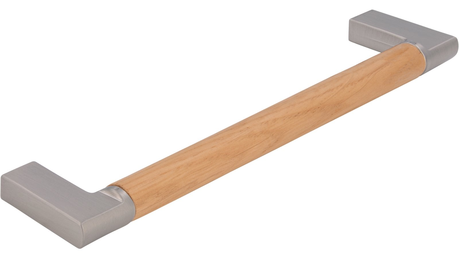 Griff Nieder-Olm Druckguss - Holz eiche natur lackiert edelstahleffekt - 174 mm lang  vor weißem Hintergrund