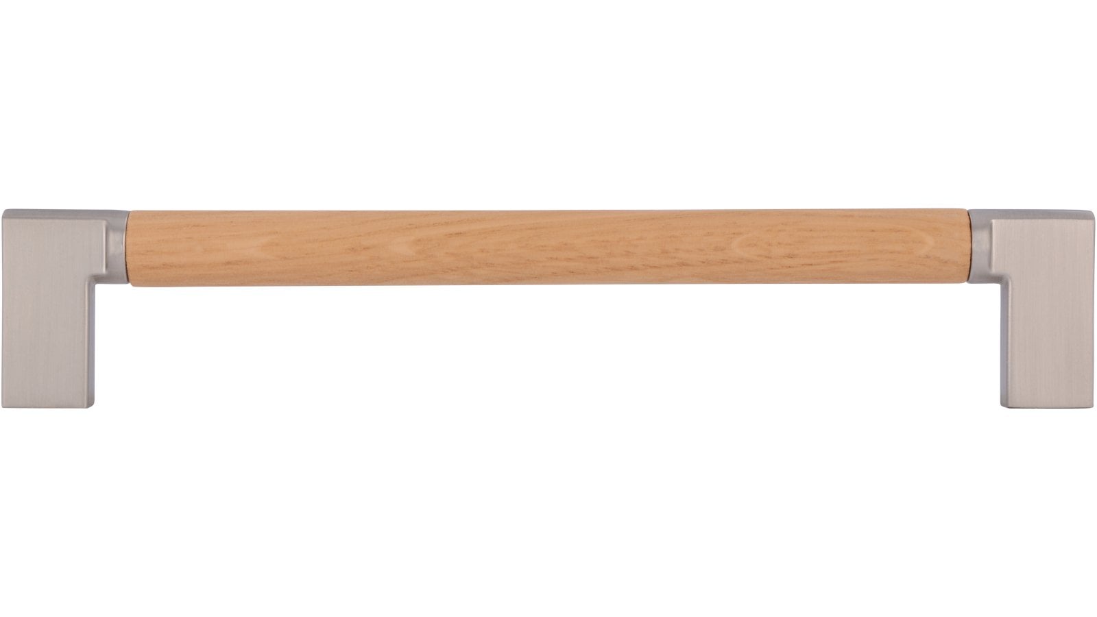 Griff Nieder-Olm Druckguss - Holz eiche natur lackiert edelstahleffekt - 174 mm lang  vor weißem Hintergrund