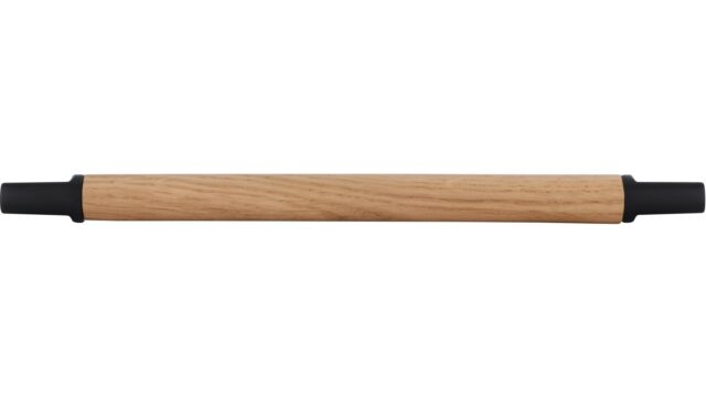 Griff Nieder-Olm Druckguss - Holz eiche natur lackiert schwarz matt pulverbeschichtet - 174 mm lang  vor weißem Hintergrund