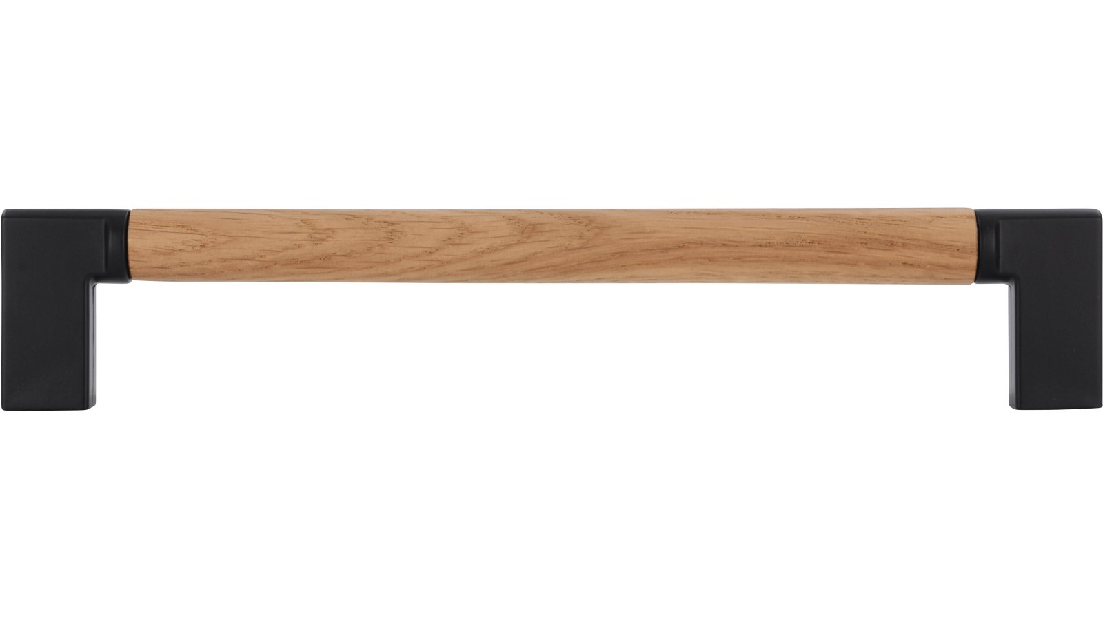 Griff Nieder-Olm Druckguss - Holz eiche natur lackiert schwarz matt pulverbeschichtet - 174 mm lang  vor weißem Hintergrund