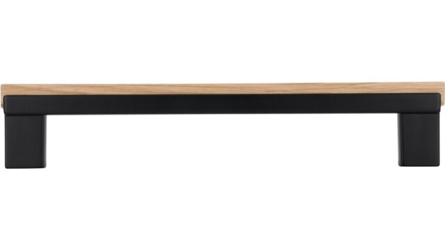 Griff Sülzetal Holz - Druckguss schwarz matt pulverbeschichtet eiche natur lackiert - 188 mm lang  vor weißem Hintergrund