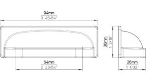 Muschelgriff-Zahna-Elster-schwarz-Zinkdruckguss-laenge-94-917334-technische-zeichnung Muschel Zahna-Elster Druckguss schwarz matt pulverbeschichtet - 94 mm lang vor weißem Hintergrund