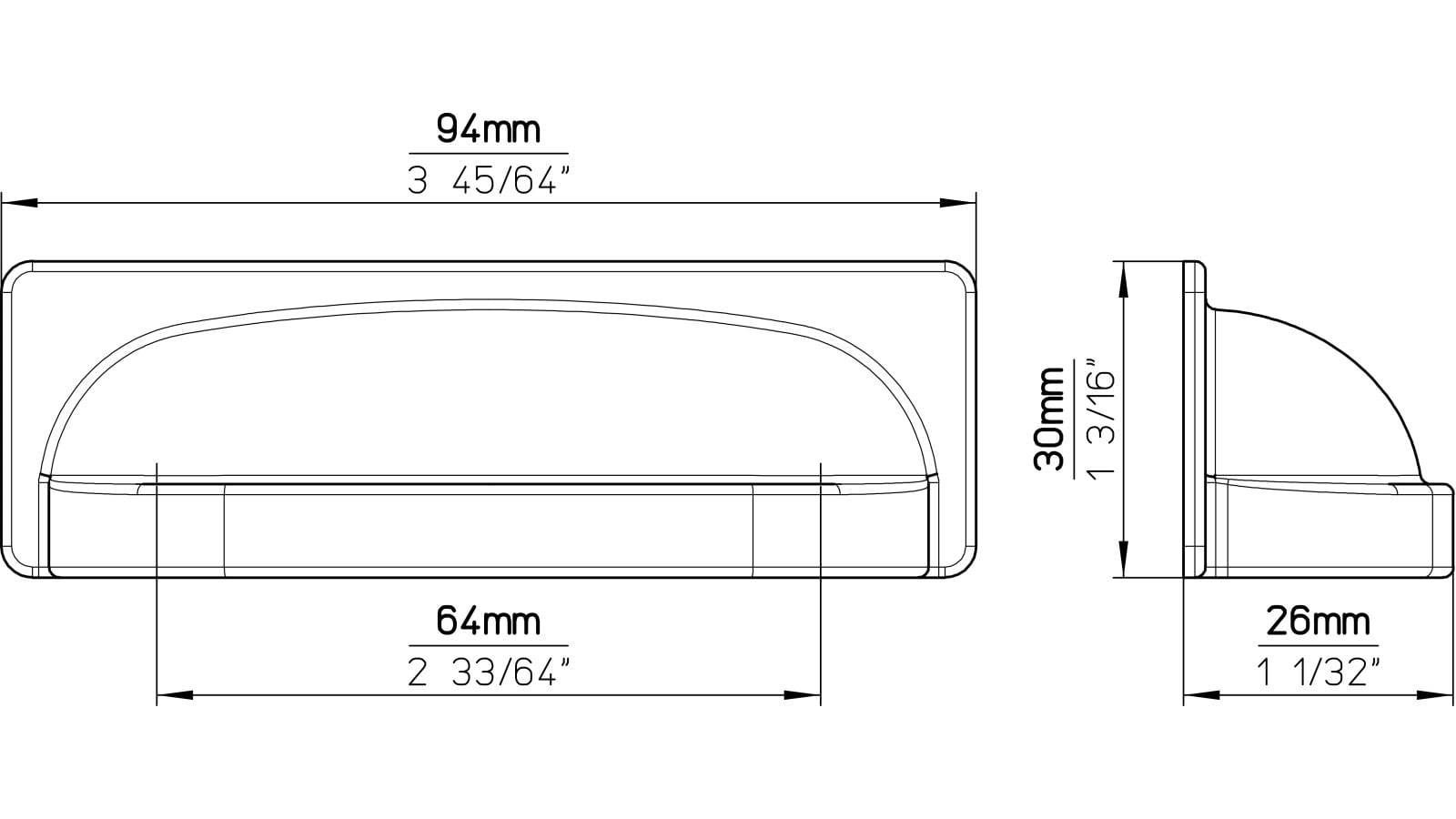 Muschelgriff-Zahna-Elster-schwarz-Zinkdruckguss-laenge-94-917334-technische-zeichnung Muschel Zahna-Elster Druckguss schwarz matt pulverbeschichtet - 94 mm lang vor weißem Hintergrund