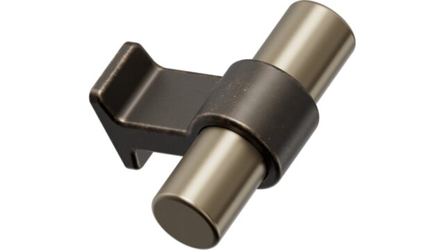 Knopf BOND-KNOB Aluminium-Zink - Antique brown/Fein gebürstetes Messing - 50 mm lang vor weißem Hintergrund