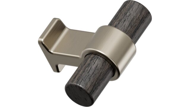 Knopf BOND-KNOB Eiche FSC 100%-Zink - Dunkelbraune/Messing gebürstet - 50 mm lang  vor weißem Hintergrund