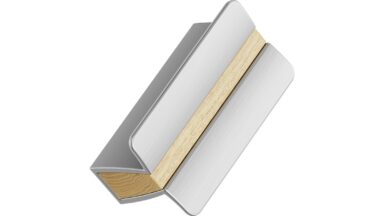 Griffleiste PAPILLON Aluminium-Eiche FSC 100% - Lackiert/Edelstahloptik - 50 mm lang vor weißem Hintergrund