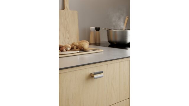 Griffleiste PAPILLON Aluminium-Eiche FSC 100% - Lackiert/Edelstahloptik - 50 mm lang  vor weißem Hintergrund