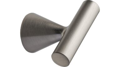 Knopf DELTA-KNOB Zink - Edelstahloptik - 44 mm lang vor weißem Hintergrund
