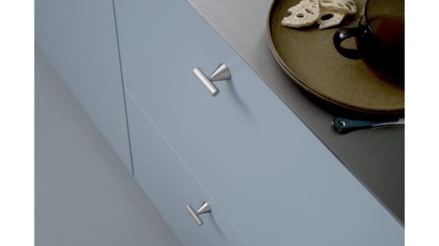 Knopf DELTA-KNOB Zink - Edelstahloptik - 44 mm lang  vor weißem Hintergrund