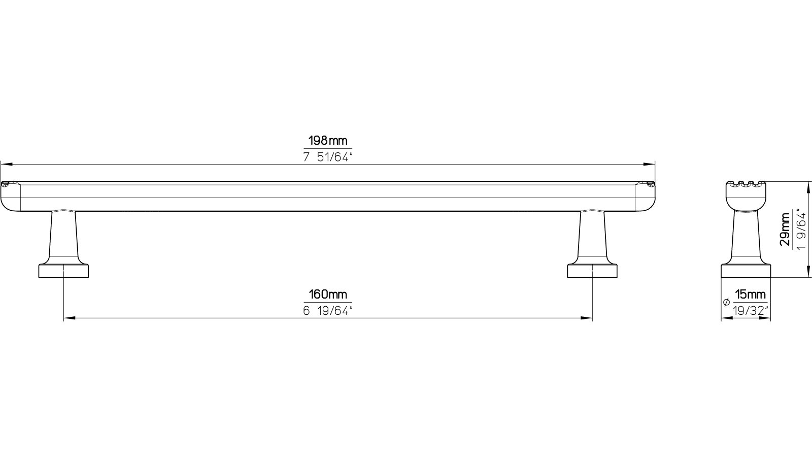Stangengriff-Georgsmarienhuette-schwarz-Zinkdruckguss-laenge-198-894148-technische-zeichnung Stangengriff Georgsmarienhütte Druckguss schwarz matt pulverbeschichtet - 198 mm lang vor weißem Hintergrund