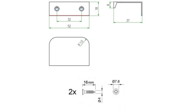Griffleiste Breckerfeld aluminium - Schwarz matt pulverbeschichtet B50 Radius R10 - 52 mm lang  vor weißem Hintergrund