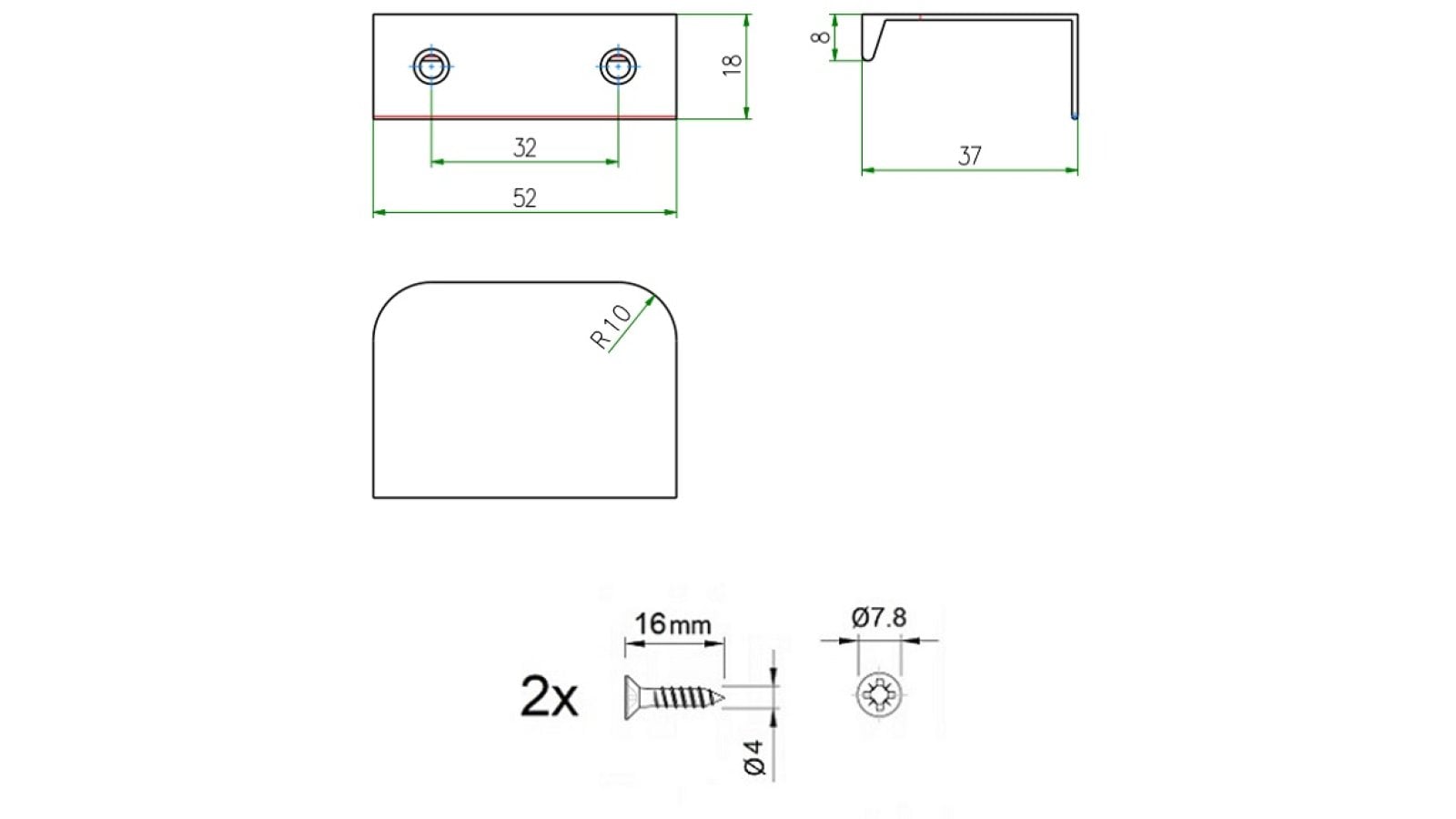 Griffleiste Breckerfeld aluminium - Schwarz matt pulverbeschichtet B50 Radius R10 - 52 mm lang  vor weißem Hintergrund
