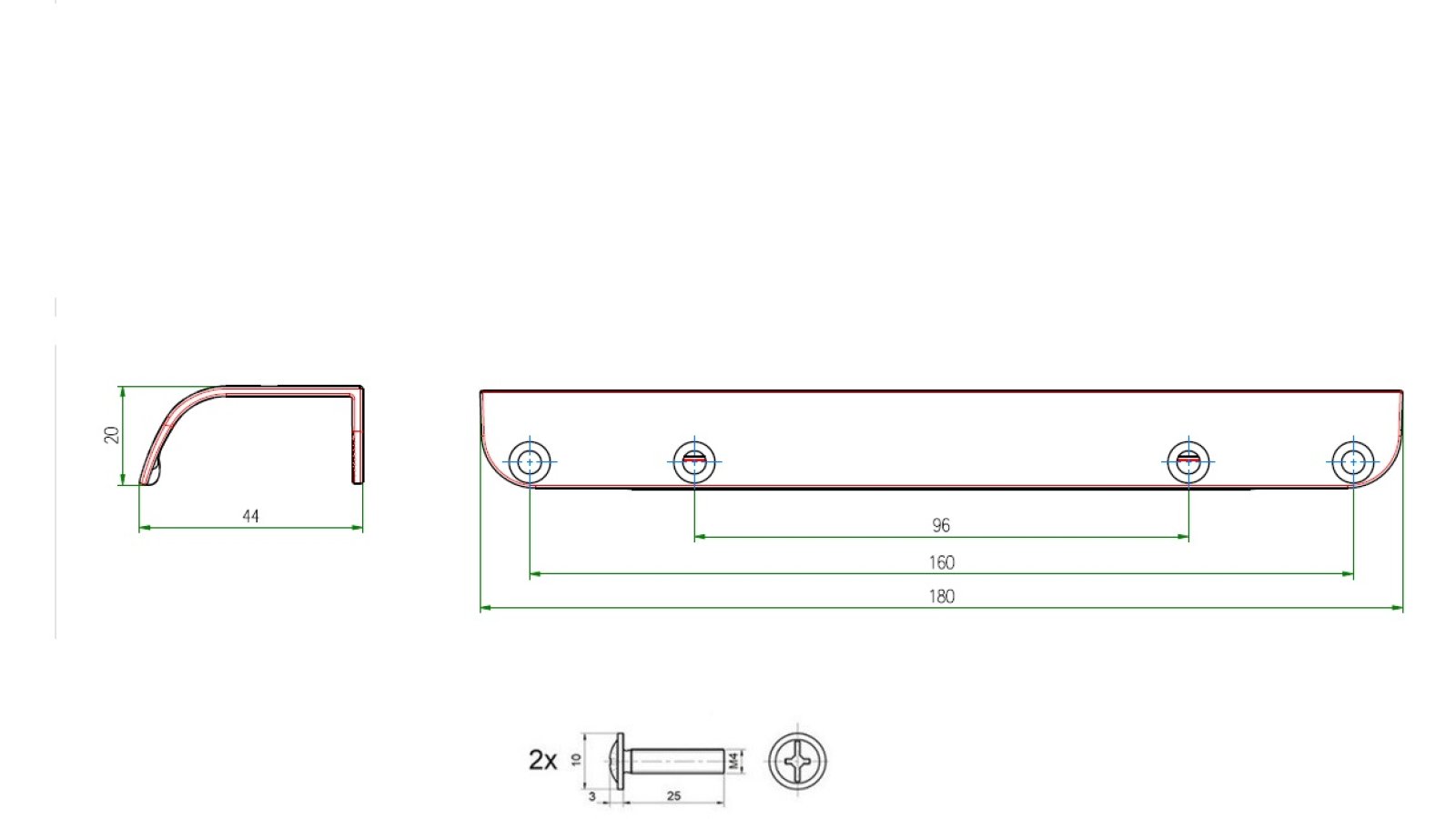 Griffleiste Ochsenhausen Metall - Weiß seidenmatt Pulverbeschichtung - 180 mm lang  vor weißem Hintergrund