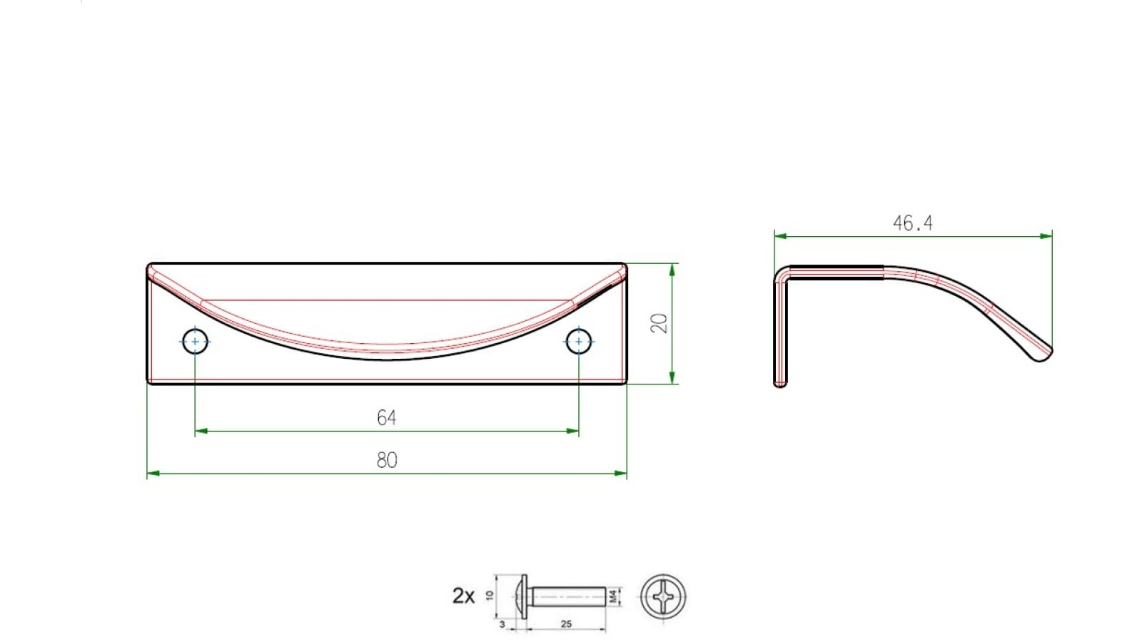 Griffleiste Storkow Metall - Edelstahleffekt - 80 mm lang  vor weißem Hintergrund