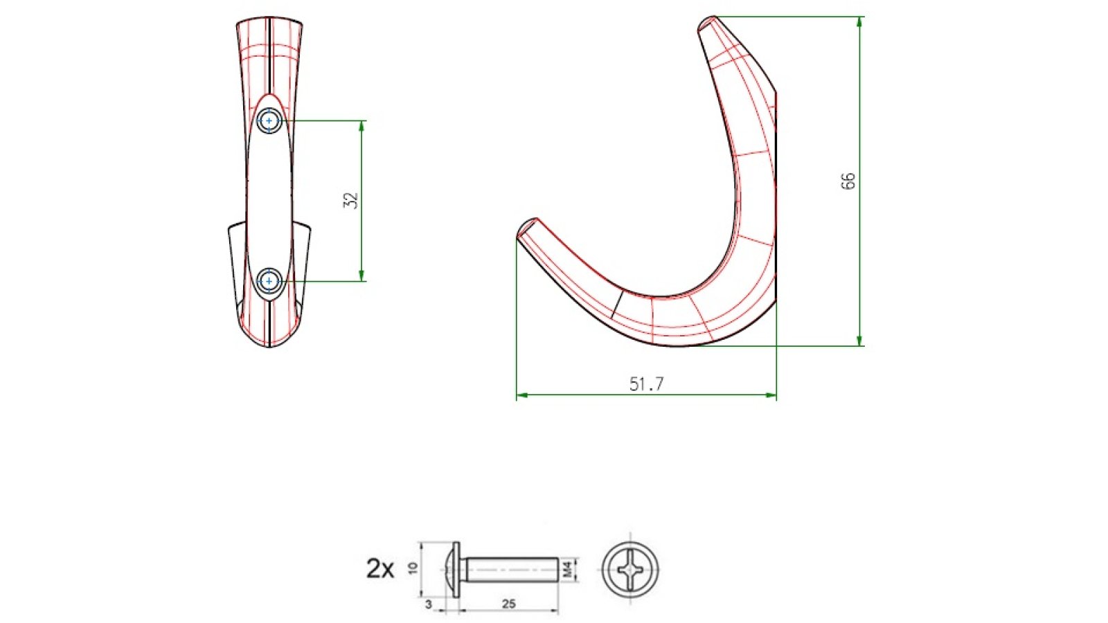 Haken Barth Metall - Weiß seidenmatt Pulverbeschichtung - 52 mm lang  vor weißem Hintergrund