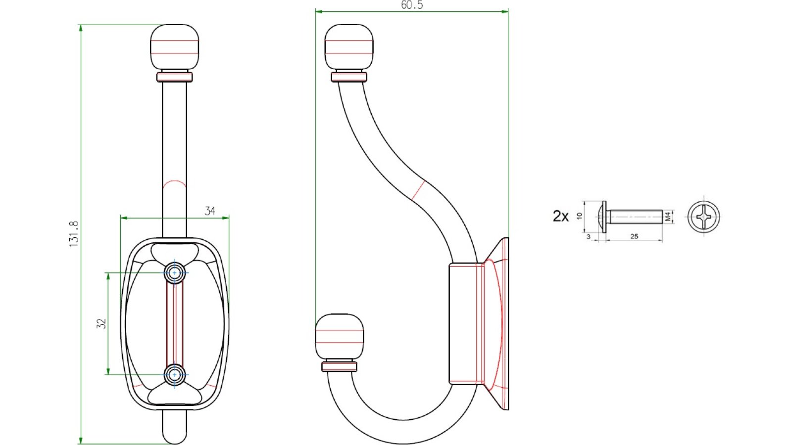 Haken Liederbach Metall - Schwarz seidenmatt Pulverbeschichtung - 61 mm lang  vor weißem Hintergrund