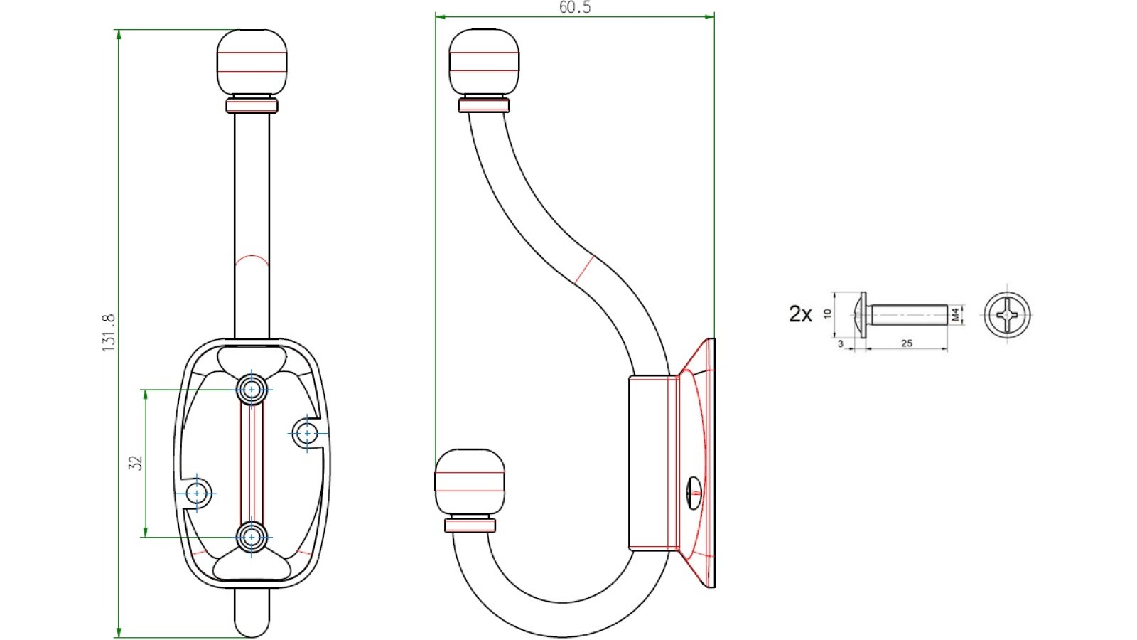 Haken Pullach Metall - Schwarz seidenmatt Pulverbeschichtung - 61 mm lang  vor weißem Hintergrund