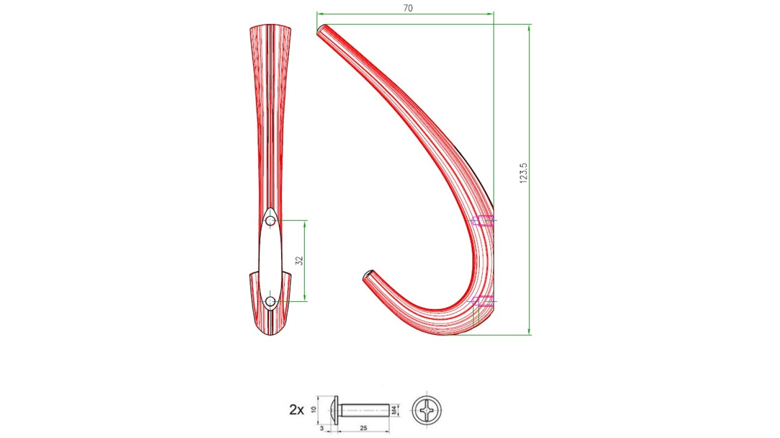 Haken Teuchern Metall - Weiß seidenmatt Pulverbeschichtung - 70 mm lang  vor weißem Hintergrund