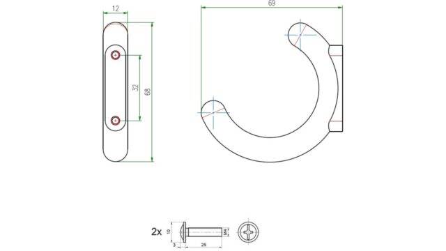 Haken Urbach Metall - Weiß seidenmatt Pulverbeschichtung - 68 mm lang  vor weißem Hintergrund
