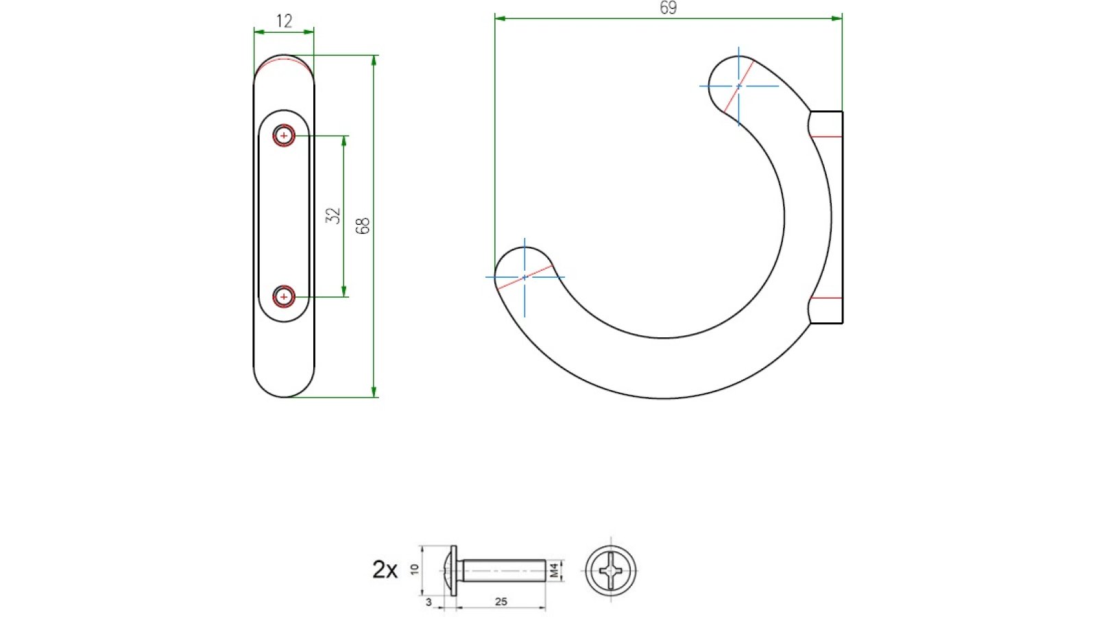 Haken Urbach Metall - Weiß seidenmatt Pulverbeschichtung - 68 mm lang  vor weißem Hintergrund