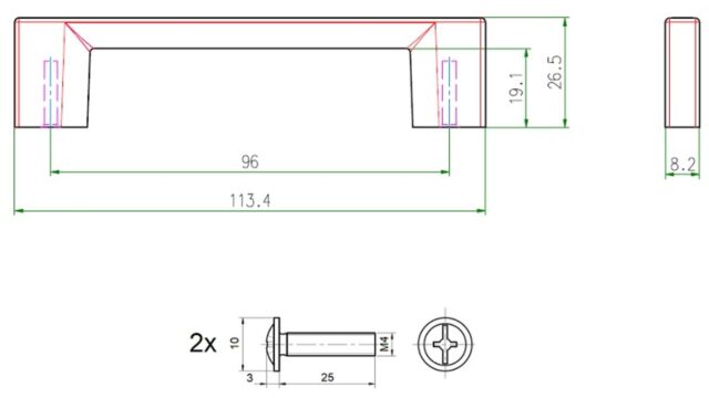 Griff Eslohe Metall - Rot Pulverbeschichtung - 113 mm lang  vor weißem Hintergrund
